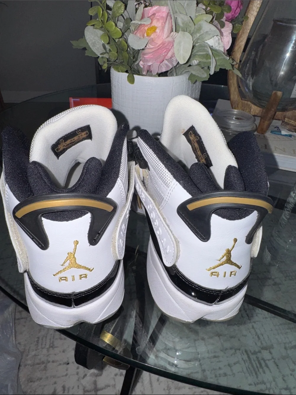 Jordan Youth White, Black & Gold Retro Sneakers - Picture 3 of 9